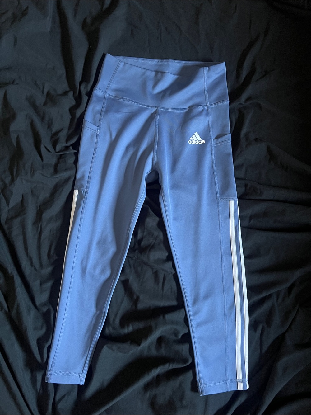 adidas Blue Youth Performance Leggings with White Side Stripes